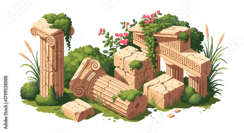 Ancient ruins overgrown with vibrant greenery and pink flowers, a serene and captivating scene for historical and travel designs