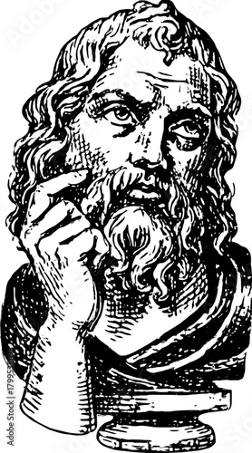 Bust of an ancient Greek philosopher in black and white. Detailed vector illustration emphasizing thoughtful expression and historical significance.