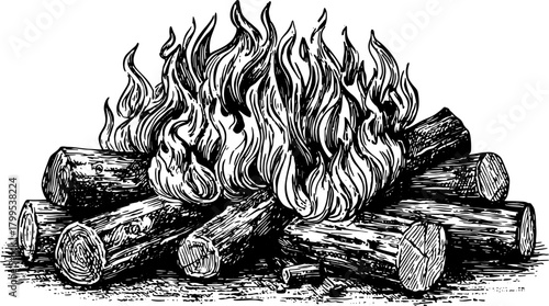 Illustration of a fire with logs in a vintage black and white outline style. This vector set depicts a campfire in a natural outdoor environment.