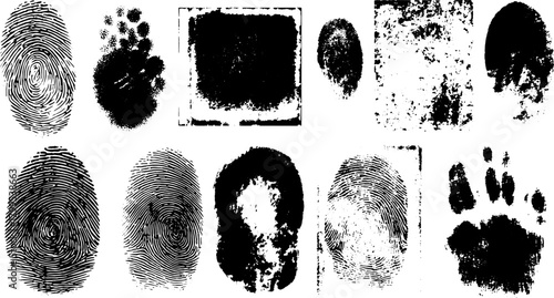 Fingerprint and handprint outlines in vintage style. Detailed black and white vector illustration showcasing various prints and textures.