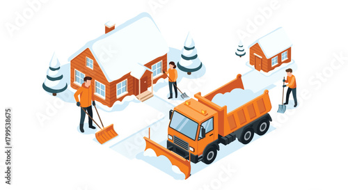 Snow removal crew clearing driveways with truck and shovels after winter storm, perfect for seasonal services advertising and community resilience