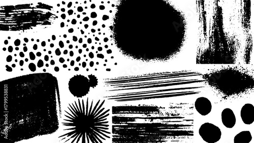 Collection of black spray paint textures and patterns. This vector illustration features various designs set for digital art projects.