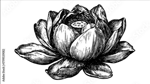 Lotus flower illustration in black and white outline style. Vintage vector design captures intricate details in a delicate set of botanical engravings.