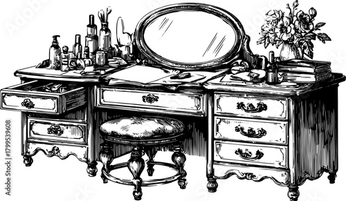 Vintage vanity desk with a round mirror and various bottles. Detailed vector illustration featuring drawers and elegant floral decoration.