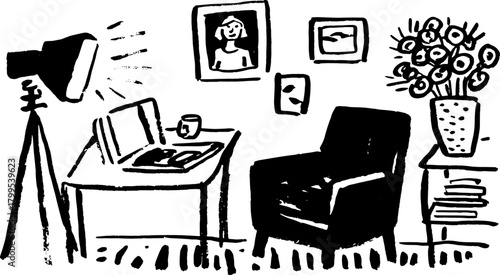 Cozy room featuring a chair, desk, and lamp. The hand-drawn black and white illustration captures modern furniture and floral decor in a simple vector set.