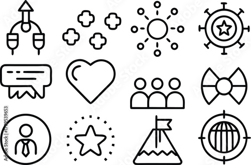 Set of 12 diverse outline icons for business and lifestyle, 60 chars