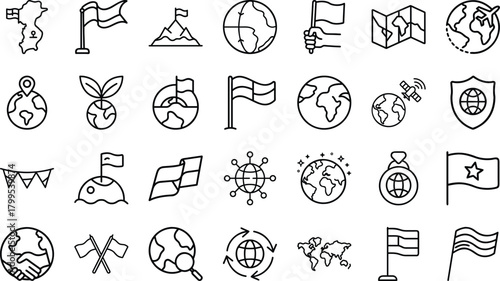 Bundle of World, Flag, and Global Communication Line Art Icons: Geography, Planet Earth, International Relations, and National Symbols Graphics