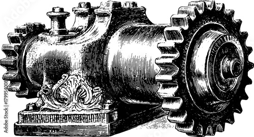 Vintage engine gear illustration in black outline style. This set showcases retro machinery design in a detailed vector style.
