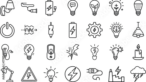 Bundle of Electricity, Energy, and Lighting Line Art Icons: Power, Lightbulbs, Battery, Switch, Caution, and Renewable Energy Symbols Graphics