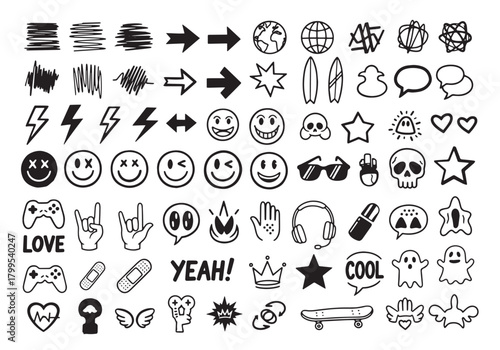 Grunge doodle vector icon set with hand-drawn arrows, symbols, faces, and decorative elements. Perfect for streetwear, stickers, and t-shirt design.