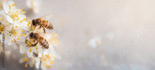 Bees collecting nectar from flowers in a bright natural scene, spacious rule-of-thirds composition with clear room for text on the right, detailed macro wildlife view