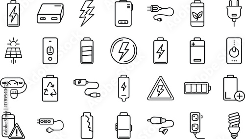 Bundle of Battery, Power, and Charging Line Art Icons: Energy Status, Plugs, Power Banks, Solar, and Electrical Caution Symbols