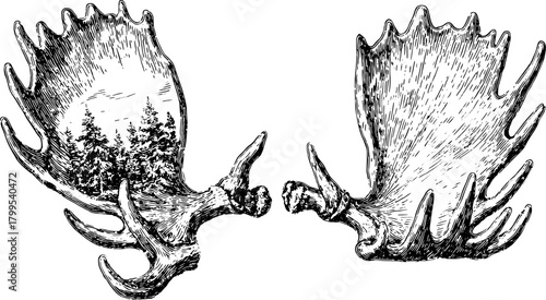 Vintage moose antlers in a detailed black and white sketch. Nature-themed vector illustration showcasing trees and wildlife.