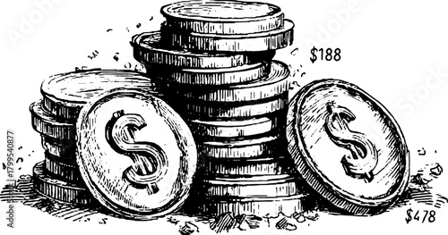 Vintage coins illustrated in an outline style. Set of dollar and euro coins, black and white vector illustration for financial themes.