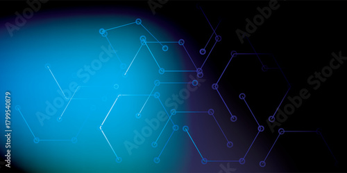 Abstract glowing blue and purple hexagonal network structure with interconnected nodes.