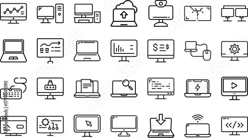 Bundle of Computer, Technology, and IT Line Art Icons: Desktop, Laptop, Programming, Security, Data Analysis, and Web Development Symbols