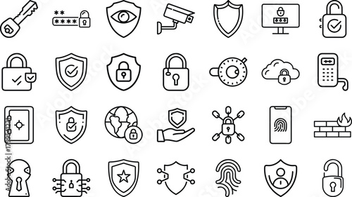 Bundle of Security, Protection, and Cybersecurity Line Art Icons: Padlocks, Shields, Key, Password, Biometrics, and Safe Digital Technology Symbols