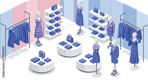 Stylish blue women's clothing boutique interior design offers elegant dresses, shoes and accessories for the modern fashionista shopper