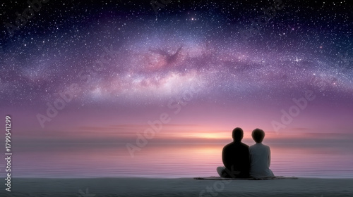 Happy together, A serene night scene of two people stargazing on a blanket, enjoying a peaceful moment together.