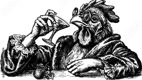 Vintage cartoon chicken holding a drink in a glass. Comical rooster illustration depicted in black and white vector style.