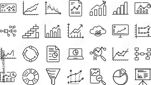 Bundle of Data Analysis, Business Analytics, and Chart Line Art Icons: Graphs, Statistics, Reports, Financial Growth, and Visualization Symbols