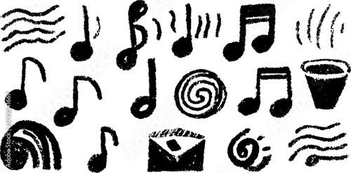 Black music note illustration set. Simple graphic design featuring sound symbols and waves in a vector style.