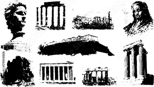 Engravings of classical architecture and sculptures. Set of vintage black and white vector illustrations featuring historical outlines.
