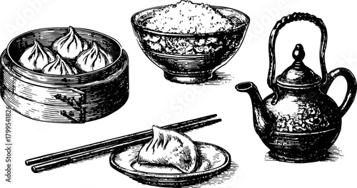 Dumplings and rice in vintage style set. Traditional Asian cuisine illustration featuring a teapot, chopsticks, and a bowl in vector.