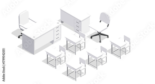 Bright classroom scene with desks and chairs creating a learning environment, perfect for education concepts and back to school campaigns