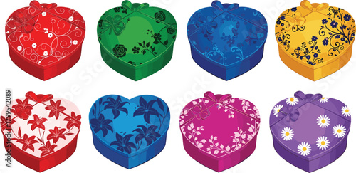 Collection of eight heart shaped gift boxes with floral patterns and bows present