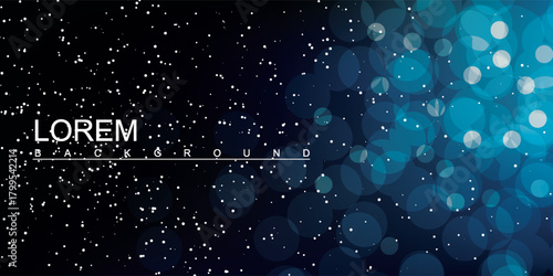 Abstract Dark Blue Bokeh Background with White Dots and Text Overlay.