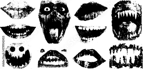 Surreal mouth illustrations featuring various expressions. Distressed black and white graphics in a creepy vector illustration set.