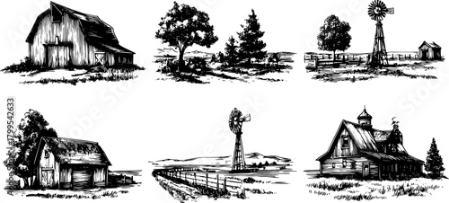 Silhouette of a barn and farmhouse in a rural landscape. Vector illustration includes trees, windmills, and fields in a black and white style.