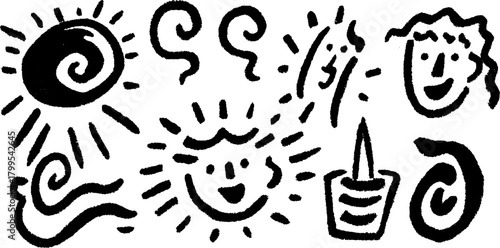 Sun and smile character in simple black and white line art. Vector illustration featuring whimsical swirls in a fun doodle design.