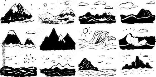 Mountains and waves in black and white silhouette. Simple landscape vector illustration with various shapes and textures for a scenic set.