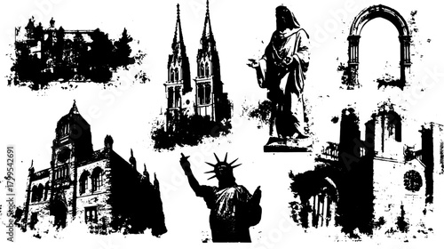 Set of gothic architecture elements, including buildings and statues. Black and white vector illustration with urban landmarks and details.
