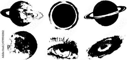 Set of abstract planets and cosmic eyes in black. Bold vector illustration depicting space themes and circular designs.