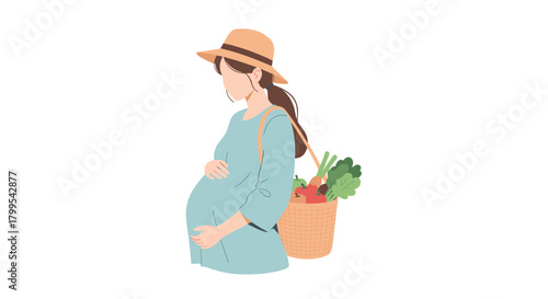 Pregnant woman with a basket of fresh produce, promoting healthy eating and prenatal care, capturing the essence of maternal wellness and nutrition