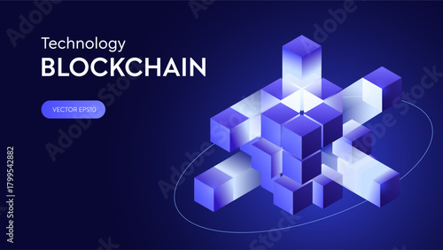 3D futuristic cube blockchain technology. Hitech innovation for big data and artificial intelligence. Abstract digit block for AI artificial intelligence tech backgrounds. Purple box geometric vector