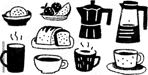 Food and drinks vector illustration including coffee, bread, and fruit. Simple design depicting a breakfast set.