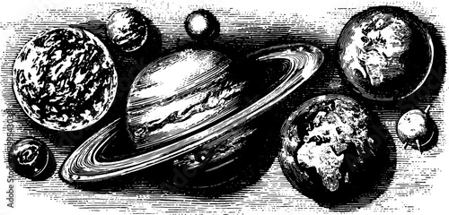 Antique engraving illustration of planets in space. Black line drawing with celestial bodies, showcasing a vintage aesthetic. Vector illustration.