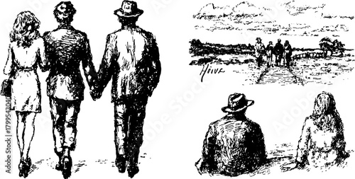 Engraving illustration of a couple walking hand-in-hand towards a scenic backdrop. Vintage vector art with nature elements, creating a romantic setting.