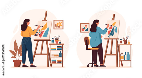 Two talented artists joyfully creating abstract paintings in bright studio spaces, ideal for promoting creativity and artistic expression