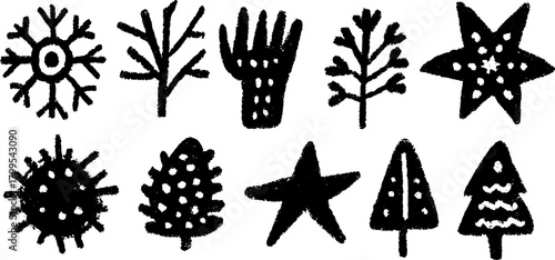 Shapes of snowflake, tree, and star in a black and white vector illustration set. Simple designs ideal for winter decor and holiday themes.