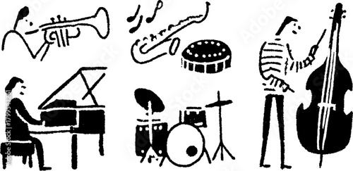Jazz musicians performing with various instruments in a flat style vector illustration set, featuring a trumpet, saxophone, piano, bass, and drums.
