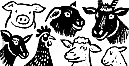 Animal faces in a simple black and white vector illustration. This unique set features a pig, goat, chicken, cow, and sheep in flat graphic style.