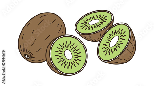 Whole kiwi fruit with two halves and a slice on white background sliced half