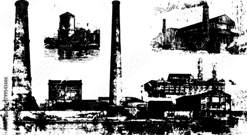 Factory vintage engraving showing multiple buildings and smokestacks. Black and white vector illustration set depicting industrial architecture.