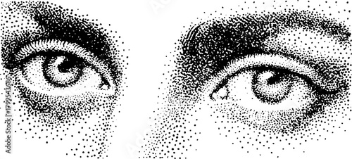 Vector illustration of detailed eyes in black and white. An artistic set with dappled dot patterns creating texture in a modern style.