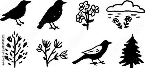 Bird and flower silhouettes in black. Hand-drawn outline vector illustration featuring a set of nature elements like trees and foliage.